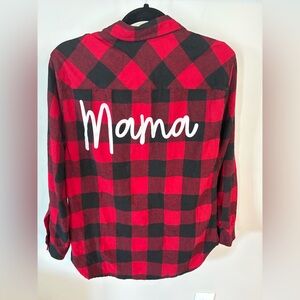 Women’s red and black plaid “Mama” button-up, L